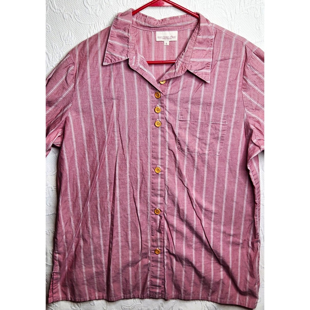Monterey Bay Red/White Striped Long Sleeve Spread Collar Shirt Large